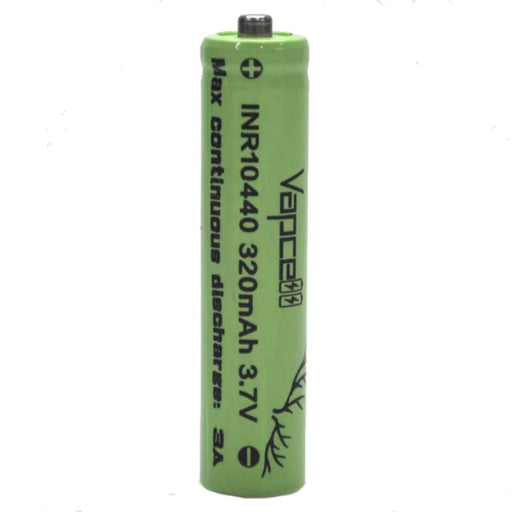 A green Vapcell 10440 3A Button Top 320MAH Battery with black text for 10440 devices featuring a button top.
