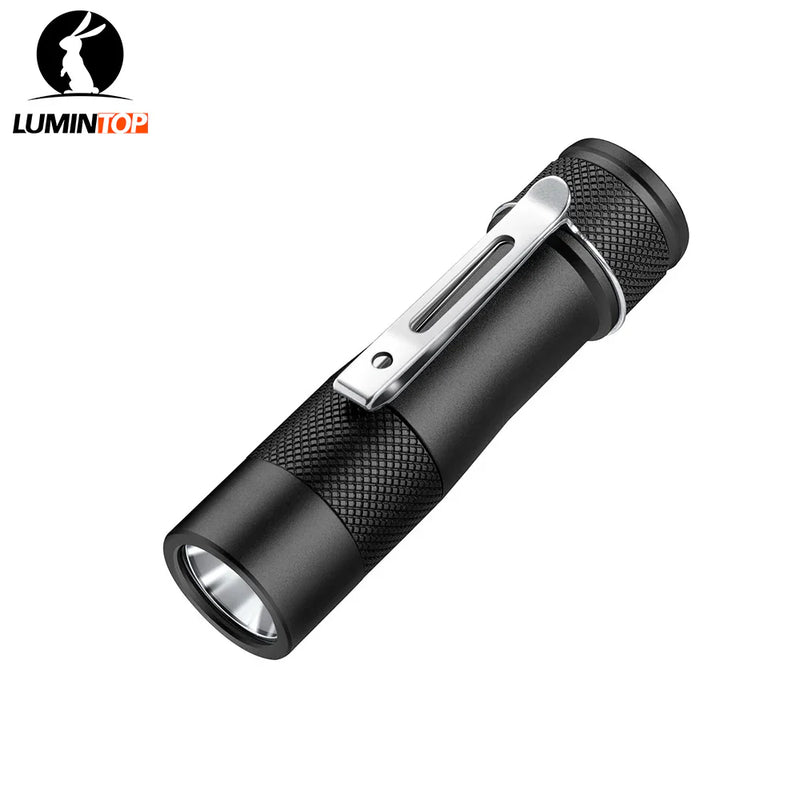 A compact black Lumintop FW1AA flashlight with a silver pocket clip is shown on a white background. This sleek 800-lumen EDC flashlight is ideal for everyday carry.