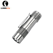 The Lumintop FW1AA, a compact flashlight with textured grip and pocket clip, delivers up to 800 lumens and is shown against a white background. The Lumintop logo is featured in the top left corner.