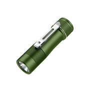 The Lumintop FWAA is a compact green flashlight with a textured grip, silver metal clip, and high-quality Nichia 519AT LED, displayed against a white background.