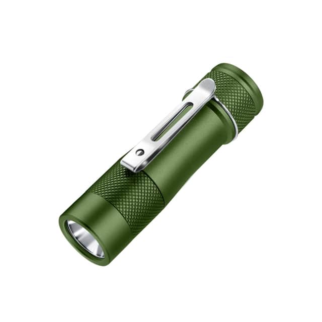 The Lumintop FWAA is a compact green flashlight with a textured grip, silver metal clip, and high-quality Nichia 519AT LED, displayed against a white background.