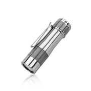 The Lumintop FWAA Titanium, a compact metallic flashlight with textured grip and pocket clip, is shown on a white background—an ideal EDC light offering up to 1600 lumens.