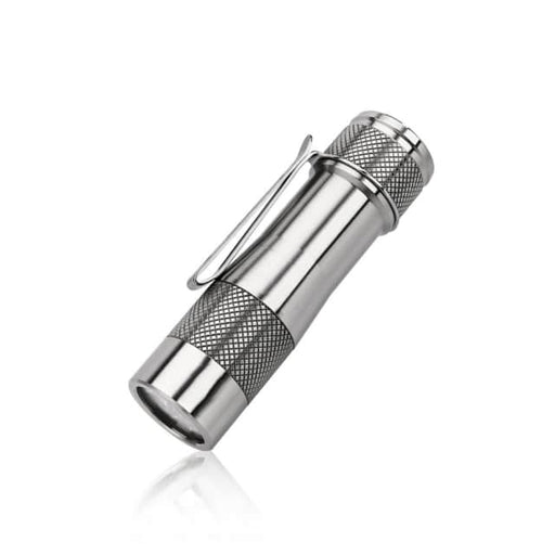 The Lumintop FWAA Titanium, a compact metallic flashlight with textured grip and pocket clip, is shown on a white background—an ideal EDC light offering up to 1600 lumens.