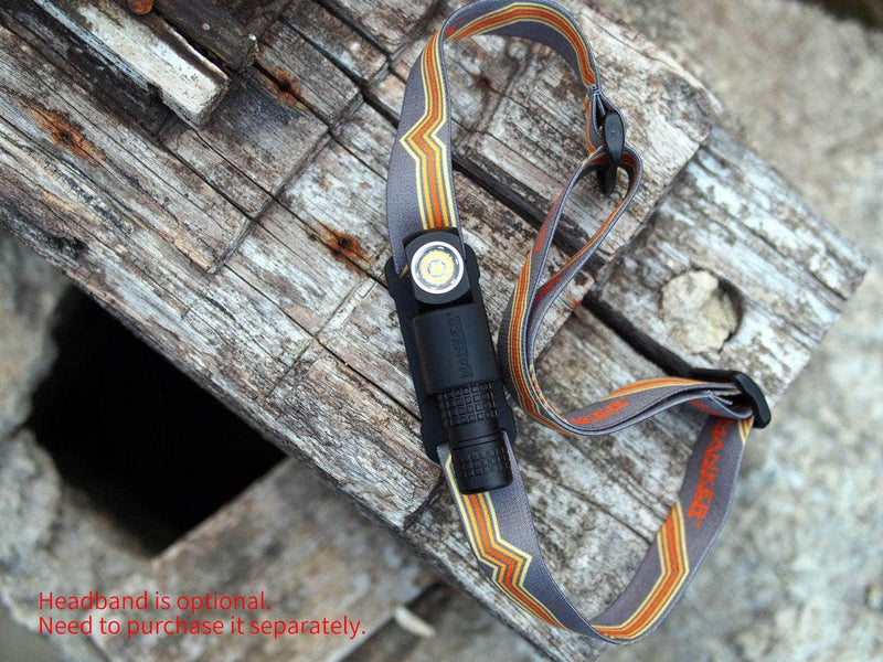 The Manker E02 headlamp, a versatile light accessory featuring the Manker E02 Headband in orange and gray, sits elegantly on a weathered wooden surface. Text in the corner indicates that the headband is optional and must be purchased separately.
