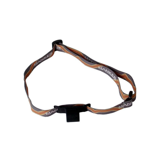 A black and brown strap with a Manker E02 II Headband buckle.