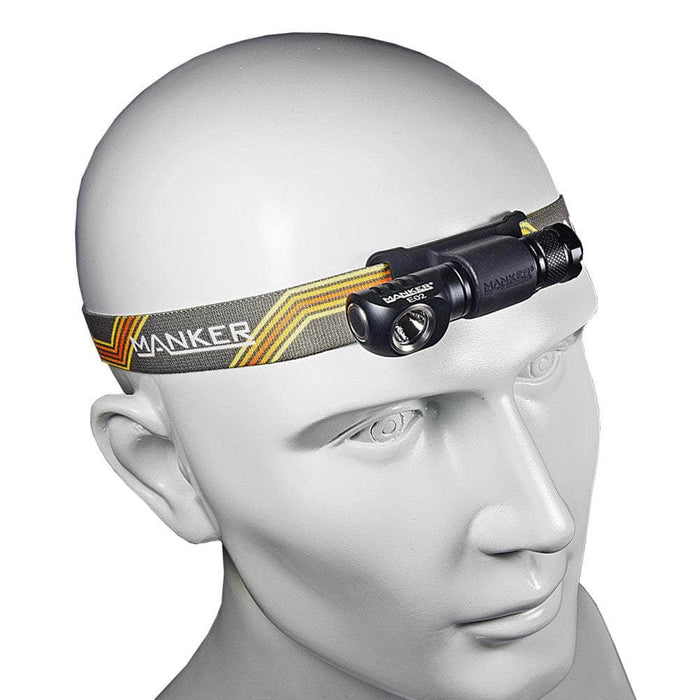 A Manker E02 II Headband with a headlamp on it.