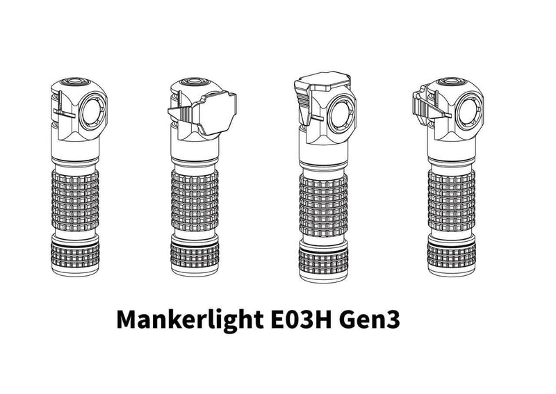 Line drawing illustrating four different views of the Manker E03H III flashlight, showcasing its versatility as both an everyday carry and headlamp.