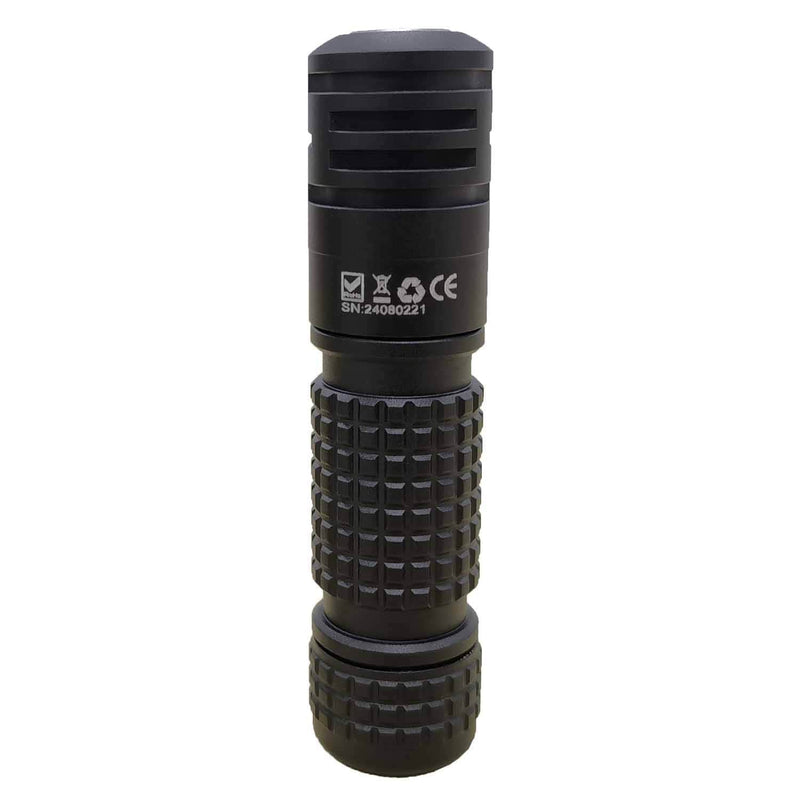 The Manker E03H III is a black, handheld flashlight with a textured grip, delivering an impressive 1200 lumens and featuring various certification markings on its body—it's the premium everyday carry angle flashlight designed for reliability.