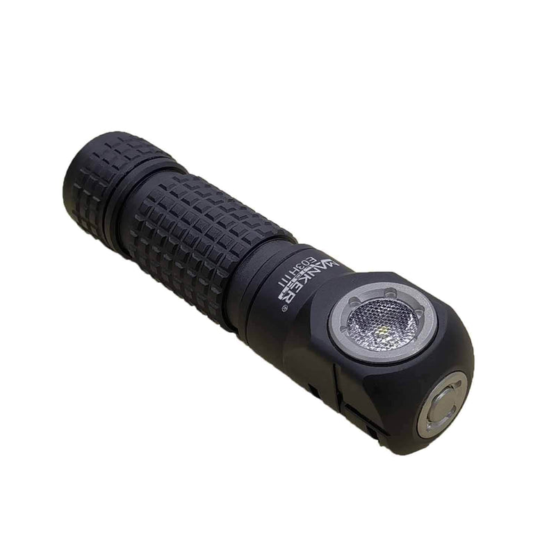 The Manker E03H III is a premium everyday carry angle flashlight, featuring a black, handheld design with a textured grip and angled head that delivers 1200 lumens.