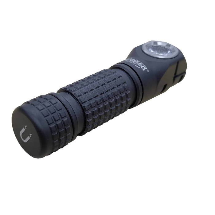 The Manker E03H III, a black, handheld flashlight featuring a textured grip, magnetic base, and 1200 lumens, is displayed on a white background.