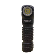 The premium everyday carry angle flashlight, the Black Manker E03H III, stands upright with a textured grip and a visible LED bulb, offering up to 1200 lumens.