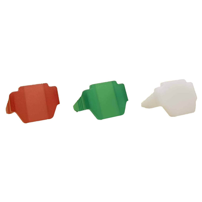 Three plastic rings are displayed: one is red, one is green, and one is white, glowing as brightly as the Manker E03H III headlamp that produces 1200 lumens.