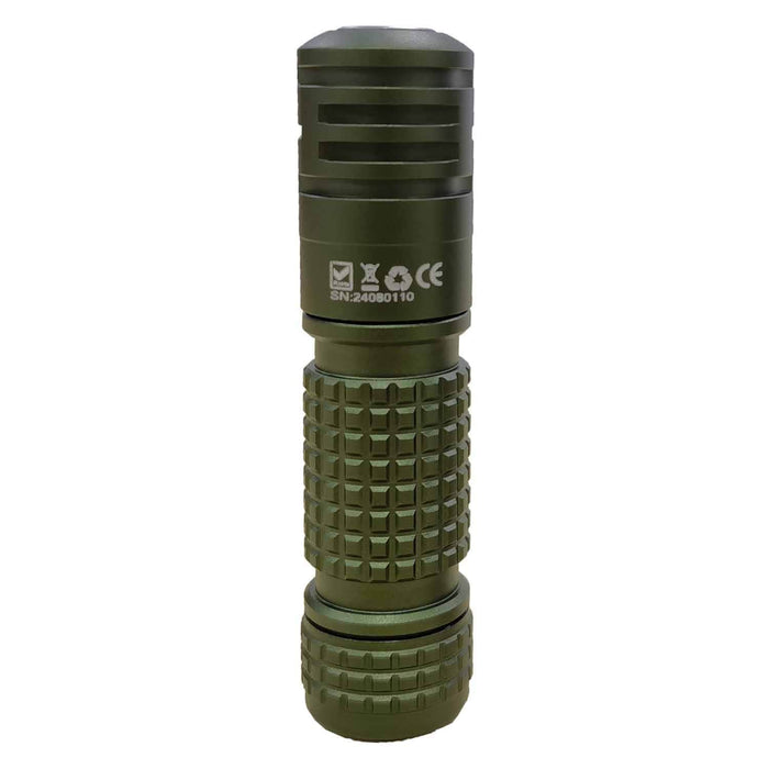 The Manker E03H III is a green, cylindrical, textured LED flashlight boasting 1200 lumens with regulatory icons and a serial number printed on the side, making it perfect for everyday carry.