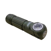The Manker E03H III is a green, textured-handled flashlight with an angled head and a branded logo near the light, ideal for everyday carry. This versatile tool shines brightly with up to 1200 lumens of power.