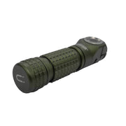 The Manker E03H III, a green, compact everyday carry flashlight with a textured grip and a magnetic base, is capable of producing 1200 lumens and is positioned horizontally against a white background.