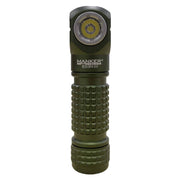 Image of the Manker E03H III Everyday Carry Flashlight in green, featuring a textured grip and a single LED emitting 1200 lumens at the top.
