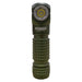 Image of the Manker E03H III Everyday Carry Flashlight in green, featuring a textured grip and a single LED emitting 1200 lumens at the top.
