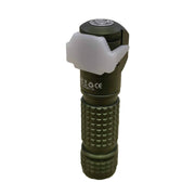 Image of a green Manker E03H III tactical flashlight with a textured grip and a white diffuser cap on the head. Multiple certification marks are visible on the body of this 1200 lumens everyday carry flashlight.