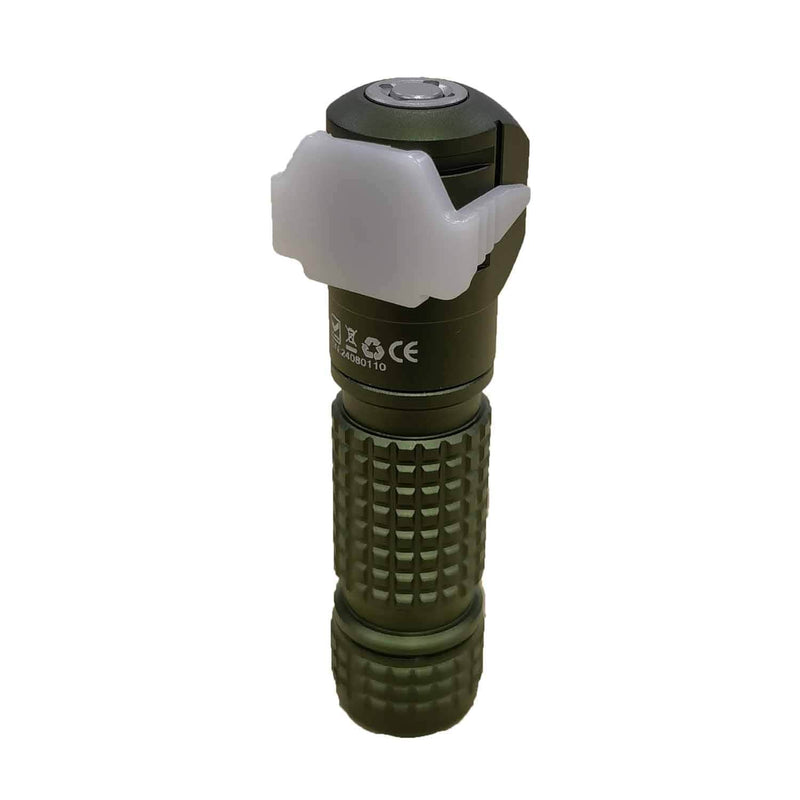 Image of a green Manker E03H III tactical flashlight with a textured grip and a white diffuser cap on the head. Multiple certification marks are visible on the body of this 1200 lumens everyday carry flashlight.