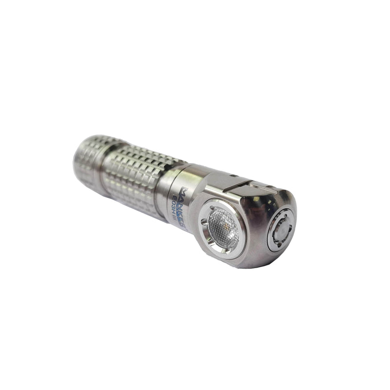 The Manker E03H III - Titanium is a compact, silver right-angle headlamp flashlight with a textured grip and side power button, displayed against a white background.