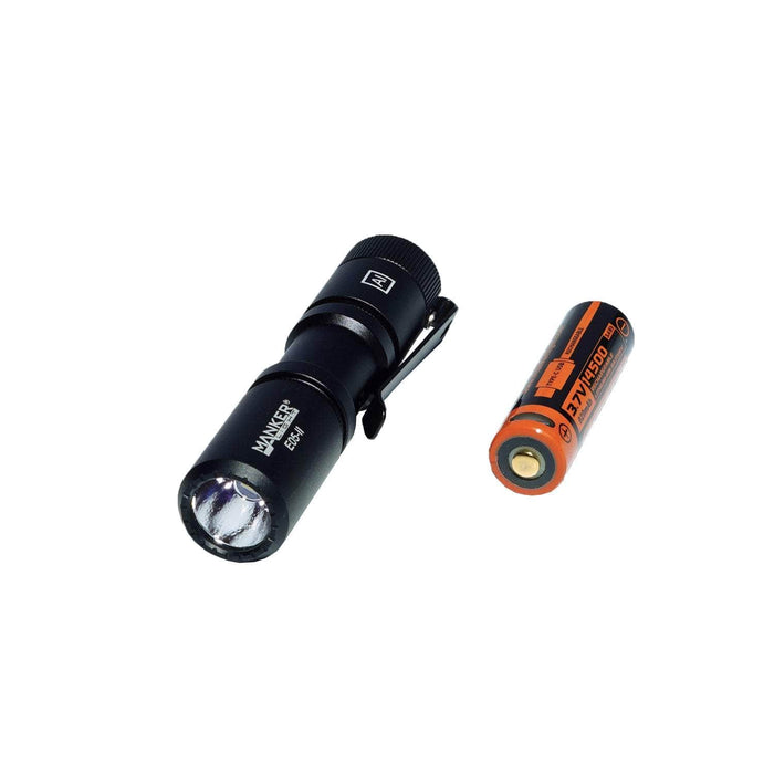 A Manker E05 II flashlight and a battery next to each other.