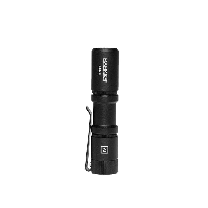 A Manker E05 II flashlight on a white background.