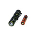 A Manker E05 II flashlight with a battery next to it.