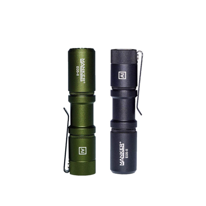 Two Manker E05 II flashlights on a white background.