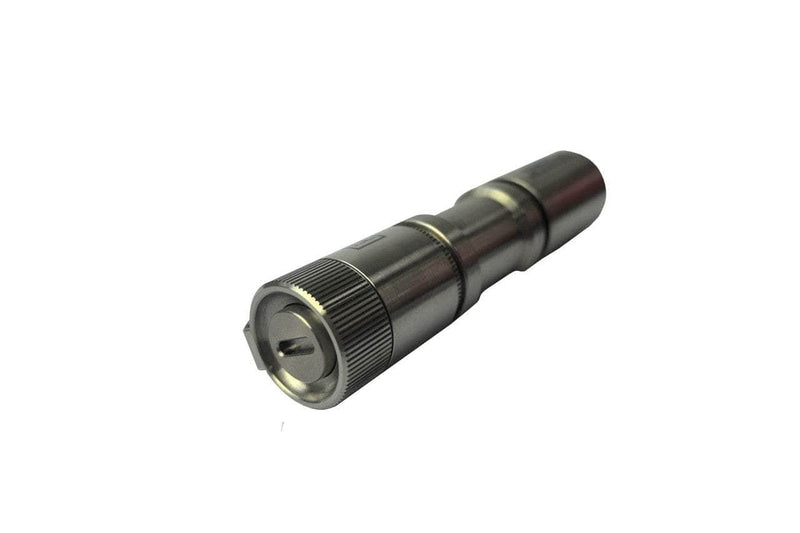 A close-up of a metal RF coaxial connector with a knurled grip, set against a white background—crafted with precision akin to the Manker E05 II - TI Raw EDC flashlight.