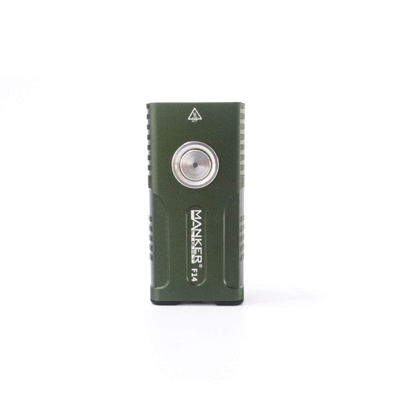 A compact, rectangular electronic device with a metallic button on the front, labeled "Manker F14 Flighter Dual Beam Multi-Purpose EDC Flashlight" and featuring a green outer casing, this multi-purpose EDC flashlight offers versatile illumination.