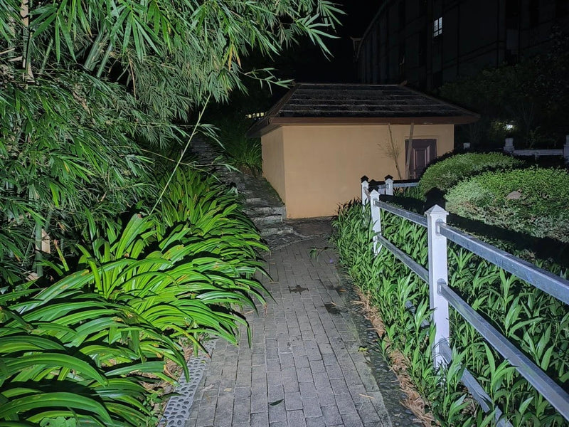 A paved pathway lined with green plants leads to a small yellow building at night, illuminated by a Manker LAD Mini Rechargeable Keychain Flashlight. A white fence runs along the right side.
