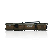 The Manker MC11 III USB-C Rechargeable Tactical Flashlight is a compact, bronze-colored everyday carry flashlight with a side button, belt clip, and textured grip, displayed on a white background.