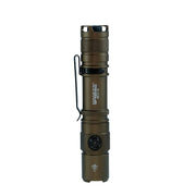 A bronze Manker MC11 III USB-C rechargeable tactical flashlight with side button, pocket clip, and textured grip stands upright on a white background.