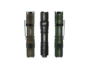 The Manker MC11 III USB-C Rechargeable Tactical Flashlight stands upright in black, olive green, and dark green, each with a metal clip—perfect for everyday carry.