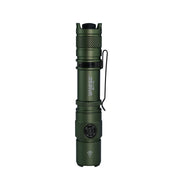 The Manker MC11 III USB-C Rechargeable Tactical Flashlight stands upright with a green textured grip, black clip, and base button against a white background—an ideal everyday carry flashlight for any situation.