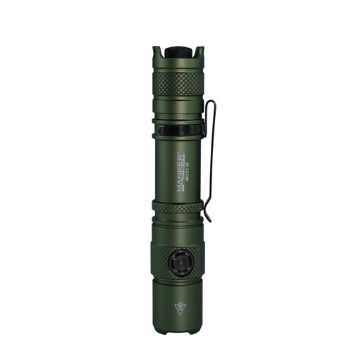 The Manker MC11 III USB-C Rechargeable Tactical Flashlight stands upright with a green textured grip, black clip, and base button against a white background—an ideal everyday carry flashlight for any situation.