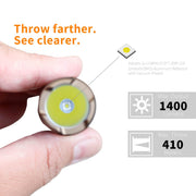 A hand holds the Manker MC11 III USB-C Rechargeable Tactical Flashlight, showcasing its LED. Text highlights 1400 lumens max output and a 410-meter throw. Orange text reads: "Throw farther. See clearer.