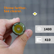 A hand holds the Manker MC11 III USB-C Rechargeable Tactical Flashlight, showcasing its LED. Text reads: "Throw farther. See clearer. Max Output 1400 Lumens. Max Throw 410 Meters.