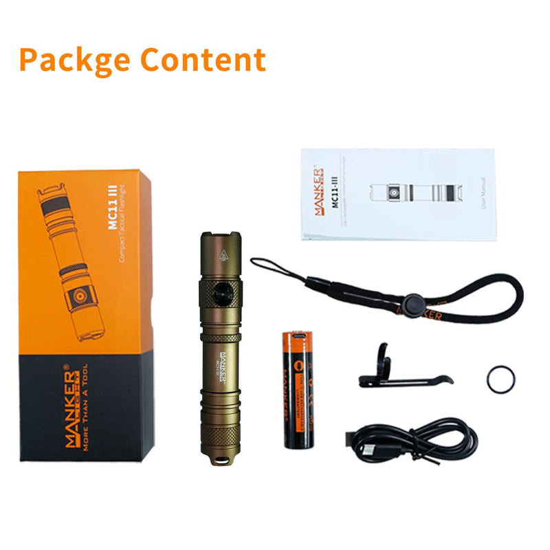 Package includes: Manker MC11 III USB-C Rechargeable Tactical Flashlight, orange-black box, user manual, battery, lanyard, clip, O-ring, and USB-C charging cable—all with Manker branding.