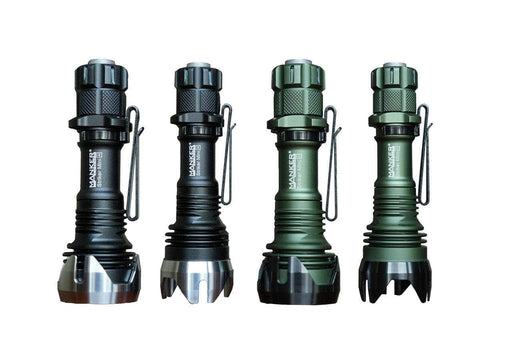 Four Manker Striker Mini flashlights on a white background.