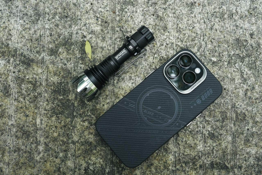 A Manker Striker Mini phone case with a flashlight next to it.