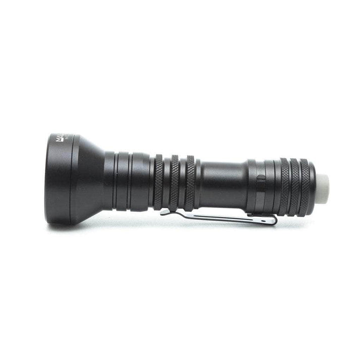 Here is a Mankerlight MC12 II Hunter Flashlight in black, featuring a ridged handle and a white activation button on the end. It comes with USB Type-C charging for its rechargeable lithium-ion battery, displayed against a white background.