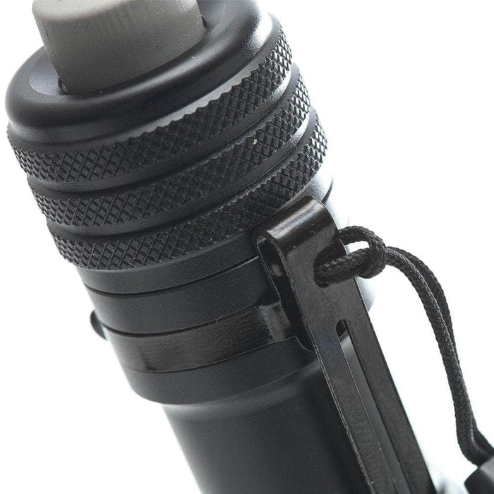 Close-up of a black Mankerlight MC12 II Hunter Flashlight with a knurled grip, a clip, and a lanyard loop. Equipped with USB Type-C charging and powered by a rechargeable lithium-ion battery.