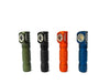 Four Manker E02 III AAA/10440 right-angle flashlights with high CRI Nichia LEDs stand upright in green, black, orange, and blue against a white background.