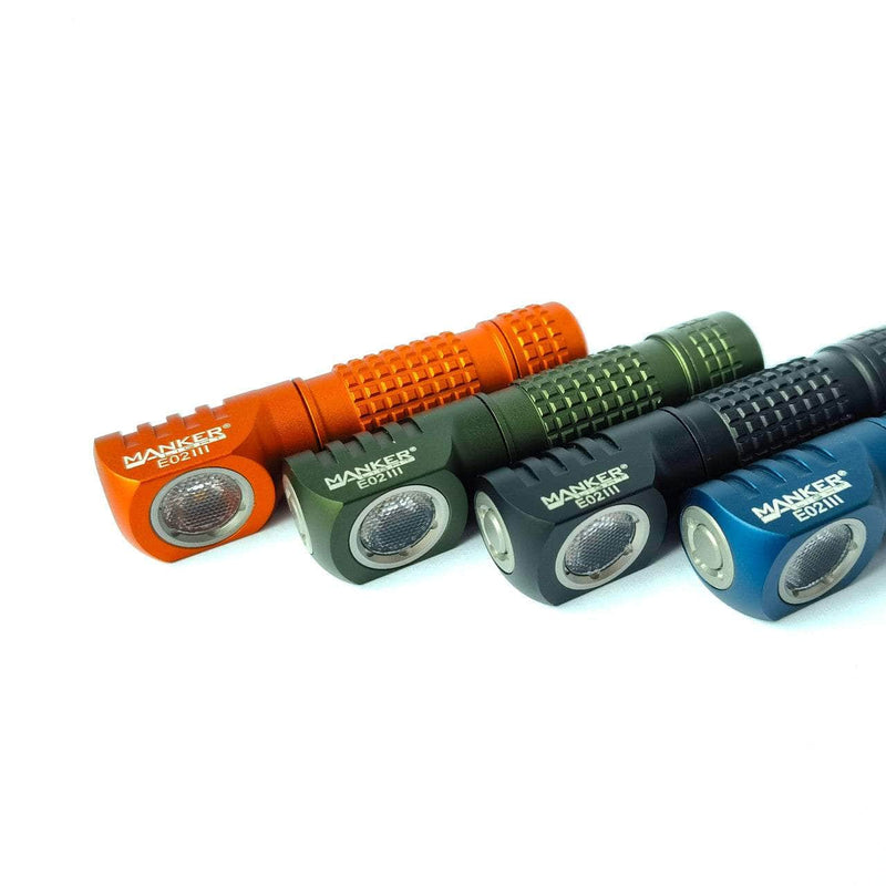 Four Manker E02 III AAA / 10440 flashlights in orange, green, black, and blue are arranged in a row on white background, each offering high performance LED technology for a bright everyday carry flashlight experience.