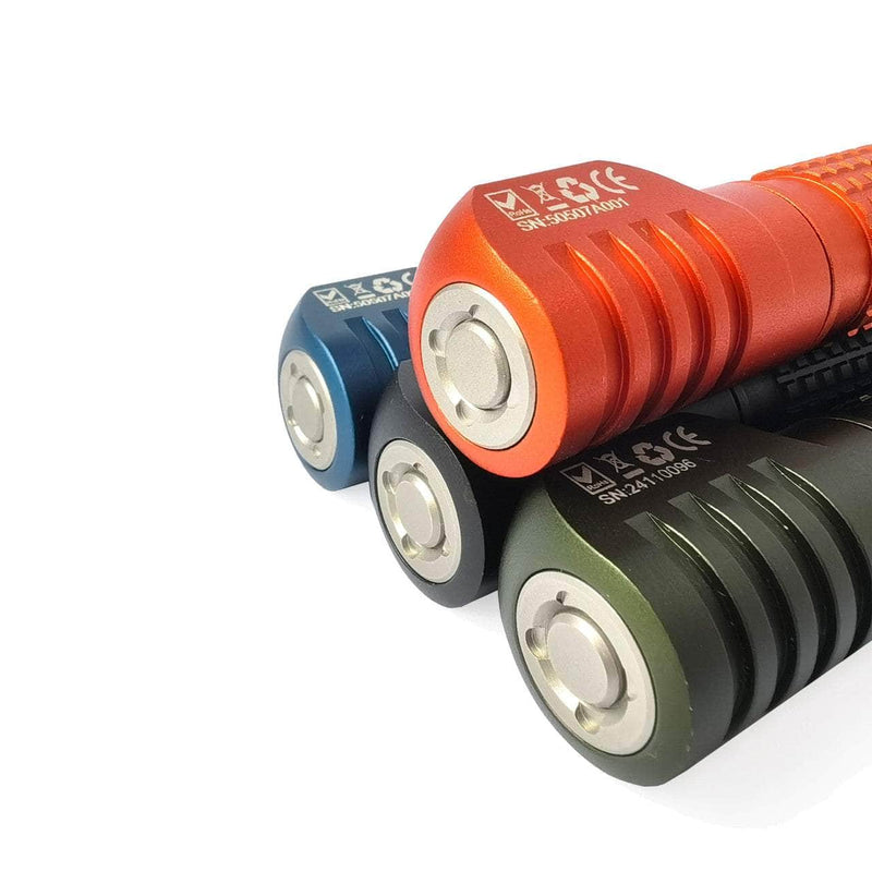 Close-up of four Manker E02 III AAA / 10440 Flashlights in red, green, blue, and black with visible power buttons and markings. Each delivers a High Performance LED output of 560 lumens—perfect as the brightest everyday carry flashlight.