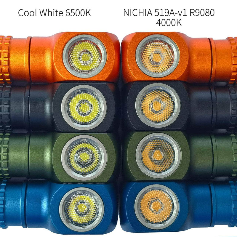 Six Manker E02 III AAA / 10440 flashlights in orange, green, and blue are arranged in two columns: Cool White 6500K on the left and NICHIA 519A-v1 R9080 4000K on the right for optimal everyday carry brightness.