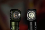 Close-up of two angled Manker E02 III AAA/10440 flashlights with textured lenses, one green and one black, highlighting their high-performance LED technology that delivers 560 lumens illumination—perfect for the brightest everyday carry.