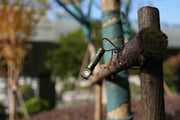 The Manker E02 III AAA / 10440 Flashlight, providing 560 lumens of brightness, dangles from a tree branch amidst a backdrop of blurred trees and foliage.