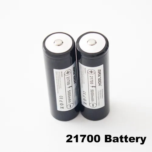 Two black cylindrical Maxtoch 5000mAh 21700 batteries are positioned side by side on a white surface, with "21700 Battery" text displayed in the lower right corner.